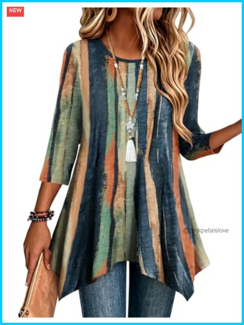 Womens Tunic Top 3/4 Sleeve Loose Fit Dressy Boho Shirt
